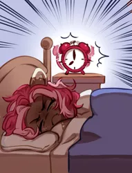 Size: 1280x1675 | Tagged: safe, artist:aphphphphp, derpibooru import, oc, oc:ginger, unofficial characters only, earth pony, pony, alarm, alarm clock, angry, bed, clock, pillow, solo