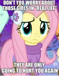 Size: 755x960 | Tagged: safe, derpibooru import, edit, edited screencap, screencap, applejack, fluttershy, rarity, pegasus, pony, best gift ever, caption, clothes, concerned, cropped, earmuffs, female, frown, image macro, impact font, looking at you, mare, meme, needs more jpeg, solo, solo focus, sweater, sweatershy, talking to viewer, text