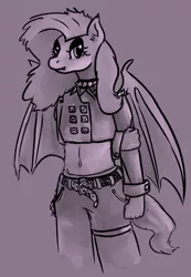 Size: 1280x1845 | Tagged: safe, artist:tempusfidgets, deleted from derpibooru, derpibooru import, fluttershy, anthro, bat pony, bat ponified, belly button, belt, clothes, female, flutterbat, jacket, midriff, monochrome, punk, race swap, simple background, solo, studs