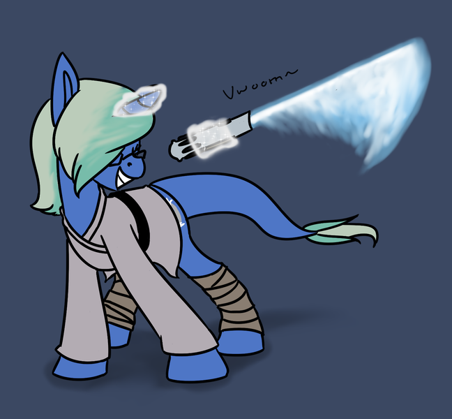 Size: 1280x1185 | Tagged: safe, artist:tempusfidgets, deleted from derpibooru, derpibooru import, oc, oc:nova spark, monster pony, original species, tatzlpony, clothes, cosplay, costume, female, jedi, lightsaber, simple background, solo, star wars, weapon