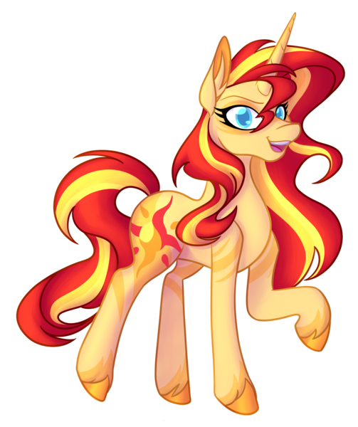 Size: 1300x1550 | Tagged: safe, artist:puddingskinmcgee, derpibooru import, sunset shimmer, pony, unicorn, spoiler:g5, alternate design, alternate hairstyle, female, g5, looking at you, mare, raised hoof, simple background, smiling, solo, swirly markings, transparent background