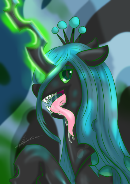 Size: 2480x3508 | Tagged: safe, artist:mantarwolf, derpibooru import, queen chrysalis, changeling, female, green eyes, high res, hive, magic, open mouth, solo, tongue out