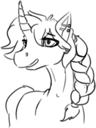 Size: 455x605 | Tagged: safe, artist:tempusfidgets, deleted from derpibooru, derpibooru import, oc, oc:eissen, pony, unicorn, braided ponytail, male, monochrome, simple background, solo