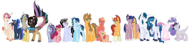 Size: 7256x1760 | Tagged: safe, artist:nathy2001, artist:theroyalartofna, derpibooru import, princess flurry heart, oc, oc:apple pie, oc:applebee, oc:chaotic dawn, oc:cheesecake, oc:cinnamon coffee, oc:crystal, oc:diamond, oc:lightning dash, oc:loki, oc:lunar collapse, oc:morningstar, oc:music storm, oc:nightingale, oc:phoenix, oc:pupa, oc:starburst, oc:storm cloud, alicorn, changepony, draconequus, dracony, dragon, earth pony, hybrid, pegasus, pony, unicorn, alicorn oc, base used, cowboy hat, draconequus oc, female, freckles, glasses, green sclera, group, hat, horn, hug, interspecies offspring, male, mare, next generation, offspring, older, older flurry heart, parent:applejack, parent:big macintosh, parent:caramel, parent:cheese sandwich, parent:discord, parent:flash sentry, parent:fluttershy, parent:king sombra, parent:pinkie pie, parent:princess celestia, parent:princess luna, parent:queen chrysalis, parent:rarity, parent:shining armor, parent:soarin', parent:spike, parent:starlight glimmer, parent:sunburst, parent:twilight sparkle, parents:carajack, parents:cheesepie, parents:dislestia, parents:flashlight, parents:fluttermac, parents:lumbra, parents:shining chrysalis, parents:sparity, parents:starburst, simple background, socks (coat marking), stallion, stetson, white background, winghug, wings