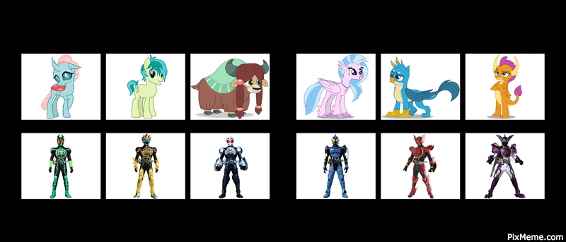 Size: 1400x600 | Tagged: artist:zerowizard, comparison, derpibooru import, gallus, kamen rider, kamen rider ooo, ocellus, safe, sandbar, silverstream, smolder, solo, student six, yona