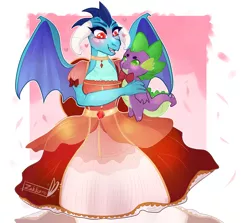 Size: 1024x915 | Tagged: abstract background, artist:zakkurro, blushing, clothes, commission, derpibooru import, dragon, dragoness, dress, female, heart, heart eyes, implied emberspike, implied shipping, implied straight, open mouth, princess ember, safe, signature, solo, spike plushie, wingding eyes