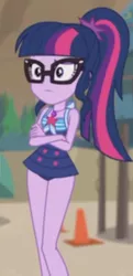 Size: 1018x2100 | Tagged: safe, derpibooru import, screencap, sci-twi, twilight sparkle, equestria girls, equestria girls series, unsolved selfie mysteries, adorasexy, beach, clothes, cropped, crossed arms, cute, geode of telekinesis, glasses, legs, magical geodes, ponytail, sexy, sleeveless, solo, swimsuit