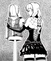Size: 1024x1220 | Tagged: artist:hbheavenlyboy, braid, braided pigtails, breasts, busty inky rose, clothes, derpibooru import, female, fishnets, goth, human, humanized, inky rose, miniskirt, monochrome, pigtails, rear view, safe, sewing dummy, skirt, socks, solo, stockings, thigh highs, thighs, zettai ryouiki