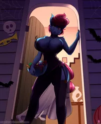Size: 1982x2442 | Tagged: absolute cleavage, anthro, artist:sugarlesspaints, big breasts, bowl, breasts, busty cup cake, candy, cleavage, clothes, cup cake, derpibooru import, dress, fangs, female, food, halloween, holiday, huge breasts, lipstick, milf, see-through, solo, solo female, suggestive, trick or treat