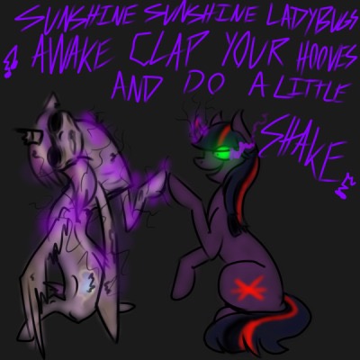 Size: 400x400 | Tagged: grimdark, artist:sinsays, derpibooru import, part of a set, princess cadance, twilight sparkle, pony, unicorn, ask corrupted twilight sparkle, tumblr:ask corrupted twilight sparkle, and do a little shake, betrayal, clap your hooves, color change, colored horn, corpse, corrupted, curved horn, dark, dark equestria, dark magic, dark queen, dark world, darkened coat, darkened hair, delusional, doll, duo, duo female, female, fluffy, glowing horn, horn, insanity, ladybugs-awake, magic, magic aura, murder, murderer, murderlight sparkle, part of a series, possessed, puppet, queen twilight, regicide, sombra empire, sombra eyes, sombra's horn, sunshine sunshine, toy, tumblr, tyrant sparkle, unicorn twilight