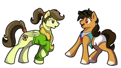 Size: 2451x1380 | Tagged: safe, artist:moonlightfan, derpibooru import, oc, oc:chilenia, oc:tailcoatl, ponified, earth pony, pegasus, pony, chile, clothes, female, looking at each other, mare, mexico, nation ponies, raised hoof, simple background, summer, sunglasses, sweater, transparent background, winter