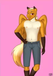 Size: 2148x3033 | Tagged: anthro, artist:timidwithapen, clothes, derpibooru import, femboy, looking at you, male, oc, pegasus, pink background, ponytail, safe, shorts, simple background, smiling, smirk, solo, unofficial characters only