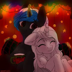 Size: 604x604 | Tagged: safe, artist:cherry_kotya, derpibooru import, cozy glow, oc, oc:red peacemaker, unofficial characters only, pony, unicorn, christmas, christmas lights, cup, food, holiday, pillow, smiling, tea, teacup