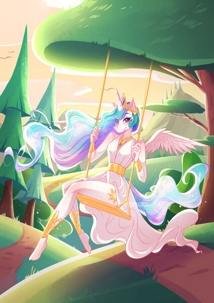 Size: 1920x2716 | Tagged: alicorn, anthro, artist:dyn4m1k3, blushing, clothes, derpibooru import, dress, female, grass, hoof feet, legs, looking at you, mare, mountain, princess celestia, safe, sky, solo, sunshine, swing, tree, unguligrade anthro, white dress