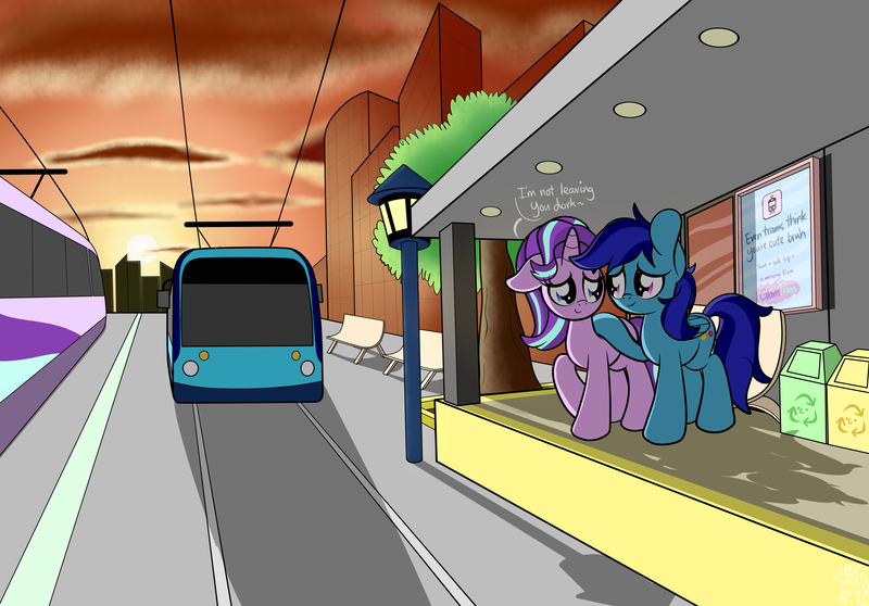 Size: 4610x3217 | Tagged: safe, artist:kimjoman, derpibooru import, starlight glimmer, oc, oc:sierra nightingale, pegasus, pony, unicorn, building, canon x oc, city, cute, female, glimmgale, looking at each other, male, outdoors, raised hoof, self insert, sunset, text, tram, vehicle