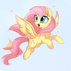 Size: 1986x1986 | Tagged: safe, artist:aureai, derpibooru import, fluttershy, pegasus, pony, chest fluff, cute, ear fluff, feather, female, fluffy, flying, gray background, happy, hoof fluff, leg fluff, looking up, mare, open mouth, shoulder fluff, shyabetes, simple background, smiling, solo, spread wings, tongue out, windswept mane, wing fluff, wings