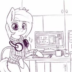 Size: 1600x1600 | Tagged: safe, artist:dsp2003, derpibooru import, oc, oc:meadow stargazer, earth pony, pony, bags under eyes, clothes, coffee mug, desk, desk portrait, drawing tablet, headphones, loss (meme), male, mug, plaid shirt, ponysona, rule 63, self portrait, shirt