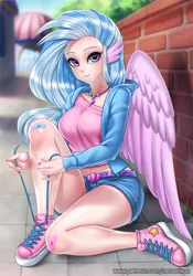 Size: 900x1286 | Tagged: artist:racoonsan, bandaid, belly button, belt, big breasts, blurred background, blushing, breasts, busty silverstream, clothes, converse, cute, denim, denim shorts, derpibooru import, diastreamies, eared humanization, eyelashes, female, hoodie, human, humanized, jewelry, legs, long nails, looking at you, midriff, nail polish, necklace, outdoors, safe, seashell, season 8, shadow, shoes, shorts, silverstream, sitting, smiling, sneakers, solo, spoiler:s08, tying shoes, wing ears, winged humanization, wings