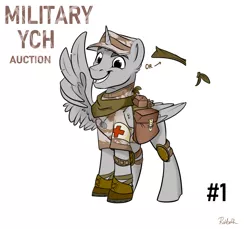 Size: 1200x1100 | Tagged: safe, artist:rutkotka, derpibooru import, pony, auction, bag, bandana, boots, camouflage, clothes, combat medic, commission, dog tags, elbow pads, fantasy class, hat, knee pads, male, medic, military, military bronies, military pony, military uniform, saddle bag, satchel, shoes, short sleeves, simple background, smiling, soldier, stallion, uniform, warrior, white background, your character here