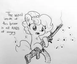 Size: 1721x1440 | Tagged: safe, artist:tjpones, derpibooru import, oc, oc:brownie bun, unofficial characters only, earth pony, pony, horse wife, bullet hole, chest fluff, dialogue, female, grayscale, gun, hoof hold, lineart, machine gun, mare, mg42, monochrome, simple background, this will end in death, this will end in tears, this will end in tears and/or death, traditional art, we're all doomed, weapon