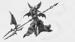 Size: 5760x3240 | Tagged: safe, artist:shamziwhite, derpibooru import, oc, oc:kuro, anthro, bat pony, bat pony oc, bat wings, black and white, brave frontier, broken horn, clothes, female, flying, grayscale, horn, melee weapon, monochrome, sketch, solo, weapon, wings, wip