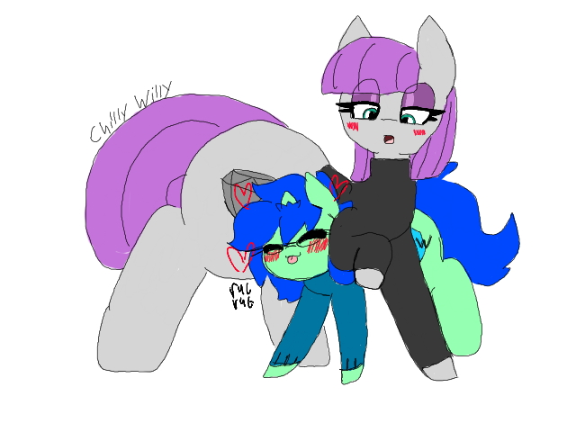 Size: 640x480 | Tagged: safe, artist:chillywilly, derpibooru import, maud pie, oc, oc:chilly willy, earth pony, pony, unicorn, alternate costumes, blushing, butt, clothes, eyeshadow, female, glasses, huge butt, image, jpeg, large butt, larger female, makeup, nuzzling, simple background, size difference, sweater