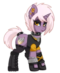 Size: 2948x3584 | Tagged: safe, artist:ciderpunk, derpibooru import, oc, oc:amber ironheart, unofficial characters only, pony, unicorn, boots, clothes, ear piercing, earring, gloves, jewelry, piercing, punk, shoes