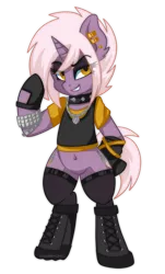 Size: 2351x3892 | Tagged: safe, artist:ciderpunk, derpibooru import, oc, oc:amber ironheart, unofficial characters only, pony, unicorn, belly button, boots, clothes, ear piercing, earring, gloves, jewelry, piercing, punk, shoes, standing