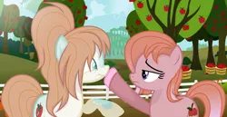 Size: 1024x527 | Tagged: safe, artist:k3elliebear, derpibooru import, oc, unofficial characters only, earth pony, pony, apple, apple tree, boop, female, fence, mare, tree