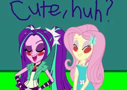 Size: 1200x857 | Tagged: safe, artist:bigpurplemuppet99, derpibooru import, edit, aria blaze, fluttershy, equestria girls, equestria girls series, ariashy, blushing, female, flutterblaze, lesbian, shipping