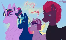 Size: 1024x635 | Tagged: safe, artist:totallyadorito, derpibooru import, tempest shadow, twilight sparkle, twilight sparkle (alicorn), alicorn, pony, family, female, happy family, lesbian, magical lesbian spawn, offspring, parent:tempest shadow, parent:twilight sparkle, parents:tempestlight, shipping, tempestlight