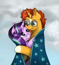 Size: 900x1000 | Tagged: safe, artist:69beas, derpibooru import, starlight glimmer, sunburst, pony, unicorn, cape, clothes, cloud, cute, digital art, female, glasses, glimmerbetes, hug, male, robe, shipping, smiling, starburst, starlight wearing sunburst's robe, straight, sunburst's robe