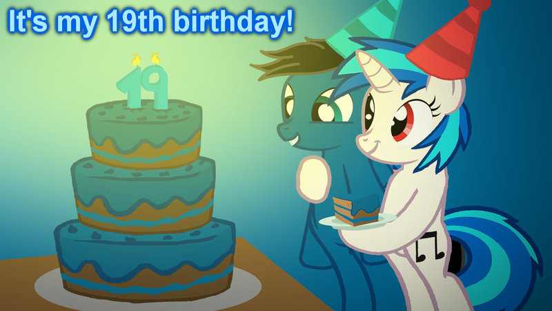 Size: 3840x2160 | Tagged: safe, artist:agkandphotomaker2000, derpibooru import, vinyl scratch, oc, oc:pony video maker, pony, 19 year old, birthday, birthday cake, cake, candle, canon x oc, female, food, hat, male, party hat, shipping, slice of cake, straight, videoscratch