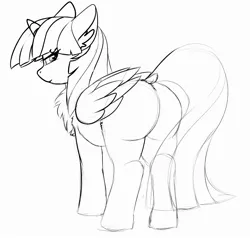 Size: 2480x2364 | Tagged: safe, artist:duop-qoub, derpibooru import, twilight sparkle, twilight sparkle (alicorn), alicorn, pony, descended twilight, butt, chest fluff, dock, ear fluff, female, floppy ears, looking at you, looking back, mare, monochrome, plot, simple background, sketch, smiling, solo, white background