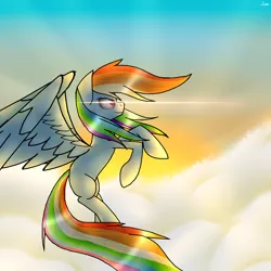 Size: 3000x3000 | Tagged: safe, artist:lilie-pucisse, derpibooru import, rainbow dash, pony, backlighting, cloud, flying, sky, smiling, solo, spread wings, sun, sunrise, wings