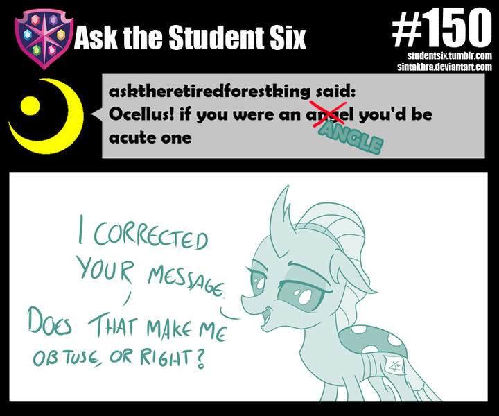 Size: 800x667 | Tagged: angle, artist:sintakhra, ask, changedling, changeling, correction, derpibooru import, dialogue, fake cutie mark, female, lidded eyes, looking at you, ocellus, post-it, pun, safe, simple background, smartass, smiling, smirk, smug, smug bug, solo, talking to viewer, text, tumblr, tumblr:studentsix, white background