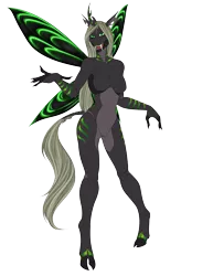 Size: 2550x3300 | Tagged: abs, anthro, anthro oc, artist:blackblood-queen, background removed, breasts, changeling, changeling oc, changeling queen, changeling queen oc, claws, cloven hooves, curved horn, derpibooru import, fangs, featureless breasts, featureless crotch, female, green changeling, horn, oc, oc:queen eris, open mouth, safe, simple background, solo, spread wings, transparent background, unguligrade anthro, unofficial characters only, wings