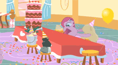 Size: 235x131 | Tagged: animated, cake, derpibooru import, food, gif, gif for breezies, madame le flour, party of one, picture for breezies, pinkamena diane pie, pinkie pie, rocky, safe, screencap, sir lintsalot