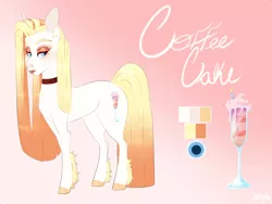Size: 1400x1050 | Tagged: safe, artist:qatsby, derpibooru import, oc, oc:coffee cake, earth pony, pony, choker, colored hooves, eyeshadow, female, gradient background, lipstick, makeup, mare, offspring, parent:donut joe, parent:pinkie pie, parents:pinkiejoe, reference sheet, signature, solo