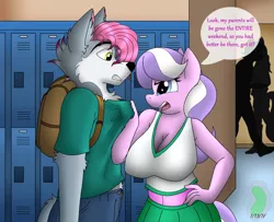 Size: 1600x1296 | Tagged: anthro, artist:blazelupine, backpack, belly button, big breasts, blazetiara, breasts, busty diamond tiara, clothes, derpibooru import, dialogue, diamond tiara, furry, lockers, midriff, non-mlp oc, oc, oc:blaze, open mouth, pleated skirt, safe, school, skirt, speech bubble, sports bra, tsundere