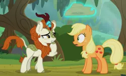 Size: 678x410 | Tagged: applejack, autumn blaze, derpibooru import, female, forest, kirin, mare, safe, screencap, season 8, sounds of silence, spoiler:s08