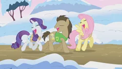 Size: 1280x720 | Tagged: safe, derpibooru import, screencap, doctor whooves, fluttershy, rarity, time turner, earth pony, pegasus, pony, unicorn, winter wrap up, clothes, eyes closed, female, male, mare, singing, snow, stallion, trio, vest, winter, winter wrap up song