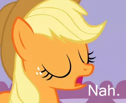 Size: 394x322 | Tagged: applejack, caption, derpibooru import, edit, edited screencap, image macro, nah, reaction image, safe, screencap, solo, suited for success, text