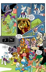 Size: 1100x1700 | Tagged: safe, artist:lytlethelemur, derpibooru import, oc, oc:champion, oc:gimbal lock, oc:mutt, oc:nutmeg, bat pony, diamond dog, earth pony, pegasus, pony, unicorn, comic:ponies in the outfield, buckball, bucket, clothes, comic, female, magic, male, mare, stadium, tanktop, telekinesis