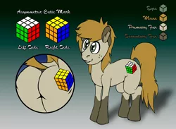 Size: 3000x2200 | Tagged: suggestive, alternate version, artist:atlasthefox, derpibooru import, oc, oc:logic puzzle, unofficial characters only, earth pony, pony, blonde hair, butt, color palette, cutie mark, gradient background, green background, male, plot, reference sheet, rubik's cube cutie mark, simple background, socks (coat marking), solo, solo male, stallion