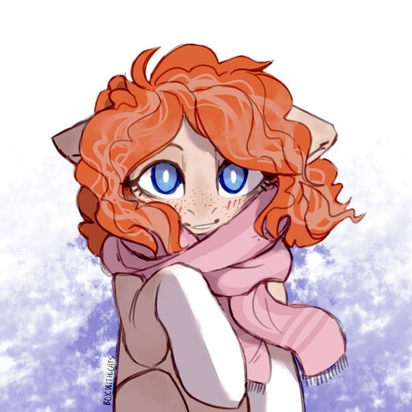Size: 604x604 | Tagged: safe, artist:cherry_kotya, derpibooru import, oc, unofficial characters only, pony, blushing, clothes, freckles, looking at you, scarf, solo