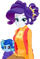 Size: 841x1227 | Tagged: safe, artist:little-tweenframes, artist:rosemile mulberry, derpibooru import, rarity, oc, oc:sparkling sapphire, human, series:sciset diary, equestria girls, baby, clothes, female, humanized, humanized oc, magical lesbian spawn, offspring, parent:sci-twi, parent:sunset shimmer, parents:scitwishimmer, simple background, smiling, white background