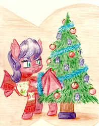 Size: 958x1219 | Tagged: safe, artist:shoeunit, derpibooru import, oc, oc:midnight snack, unofficial characters only, bat pony, pony, bat pony oc, bat wings, christmas, christmas tree, clothes, colored pencil drawing, holiday, solo, sweater, traditional art, tree, wings
