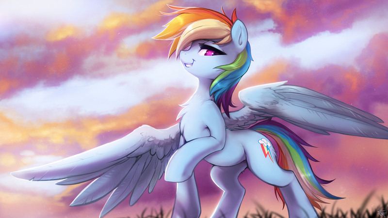 Size: 3200x1800 | Tagged: safe, artist:fidzfox, derpibooru import, rainbow dash, pegasus, pony, chest fluff, cloud, detailed, female, grass, large wings, looking at you, looking down, looking down at you, low angle, mare, morning ponies, outdoors, raised hoof, sky, smiling, smirk, smug, solo, spread wings, standing, wallpaper, wings