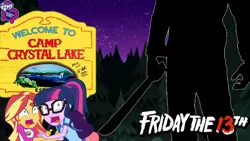 Size: 1280x720 | Tagged: safe, artist:balabinobim, derpibooru import, sci-twi, sunset shimmer, twilight sparkle, equestria girls, camp crystal lake, camp everfree outfits, friday the 13th, horror, jason voorhees, movie reference, reference